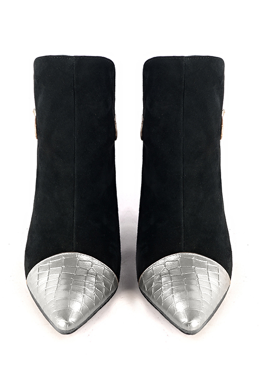 Light silver and matt black women's ankle boots with buckles at the back. Tapered toe. Medium flare heels. Top view - Florence KOOIJMAN